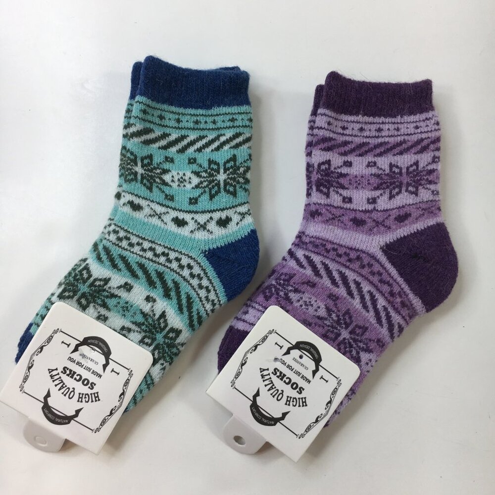 High Quality Wool Blend Girls Socks 2 Pair Set Blue Purple Nordic Pattern Winter